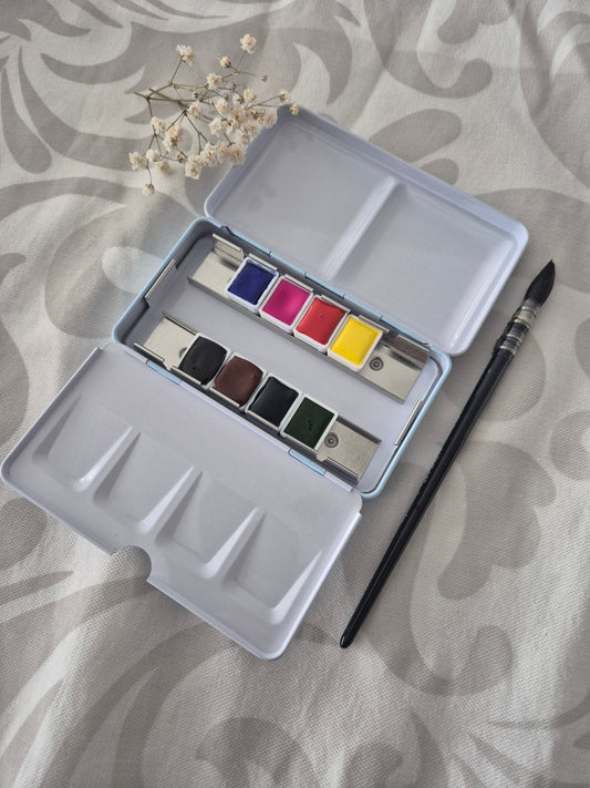 Palette d’aquarelle artisanale végane – Palette Essentielle (8 demi-godets)